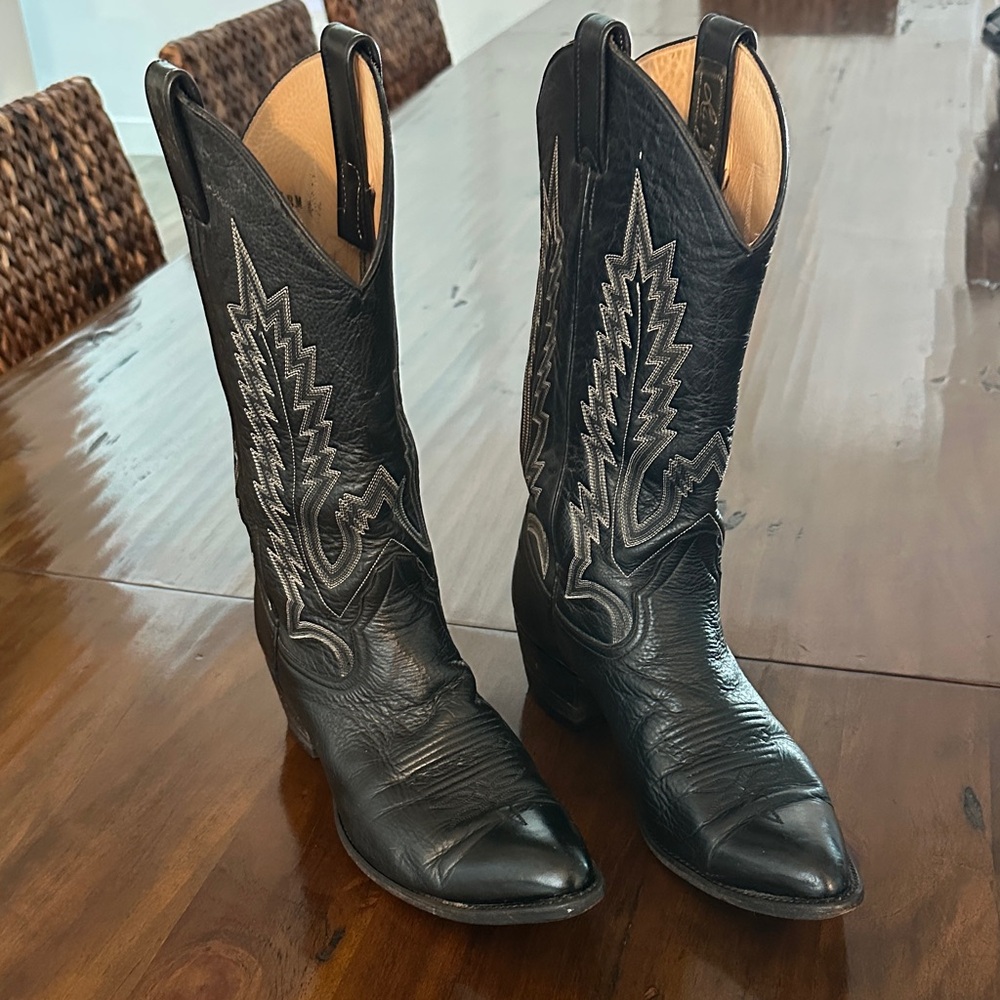 Larry Mahan Men’s Black Western Leather Boots with Tan and Gray Stitching